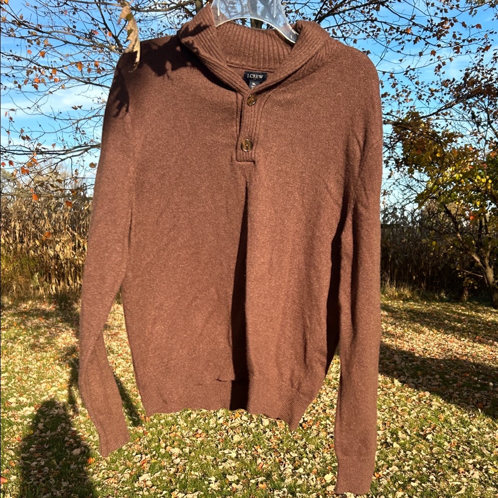 J. CREW Mens Shawl Collar Sweater Chocolate Brown L Wool Preppy Old Money